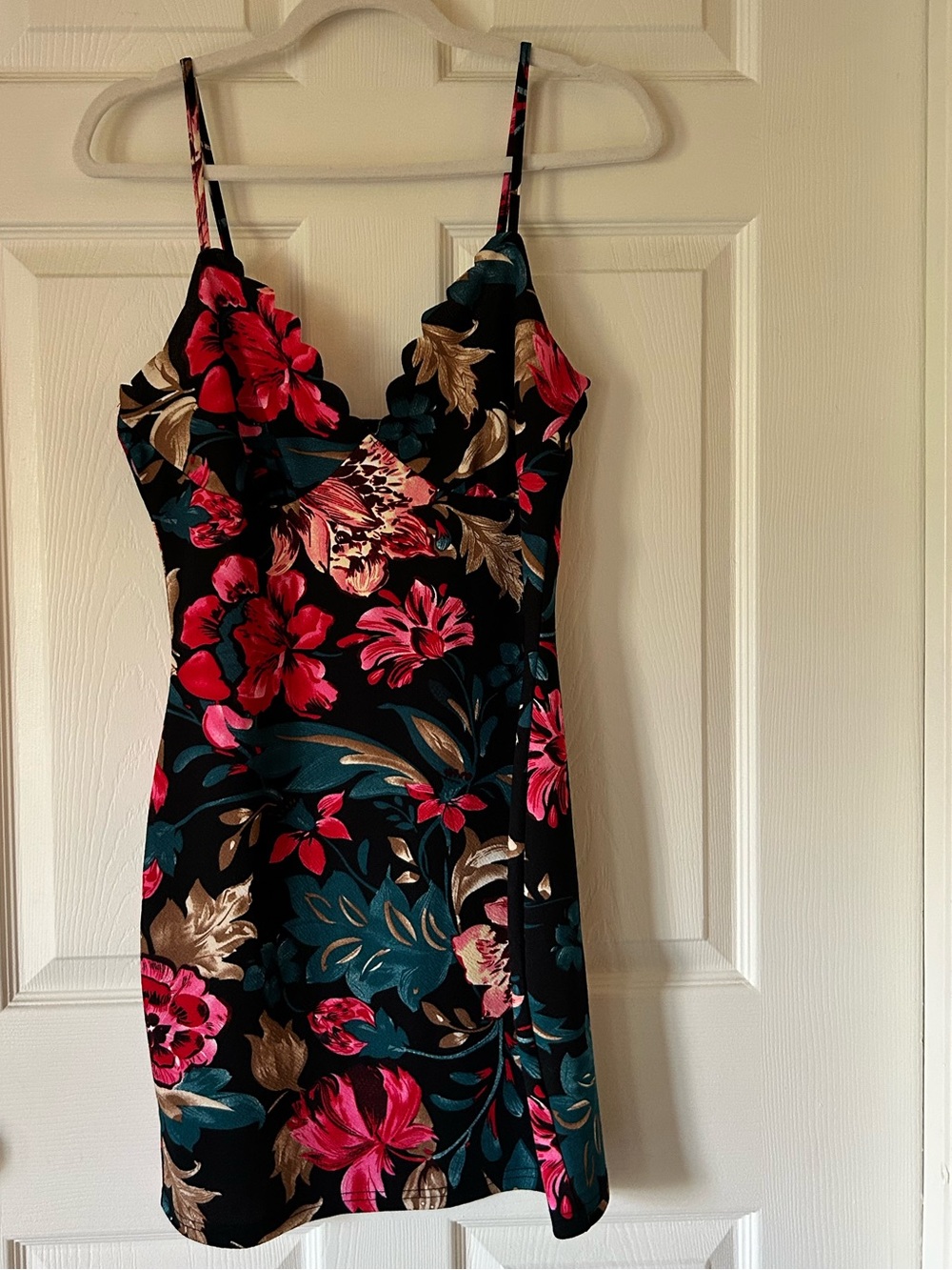 SHEIN Black Floral Mini Slip Dress Pink Teal Spaghetti Strap - Size M/L